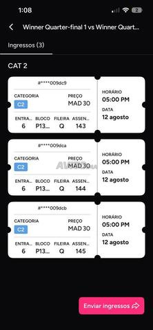 TROIS BILLETS CÔTE À CÔTE CATÉGORIE 2 DEMI-FINALE MAROC