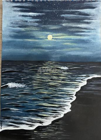 Tableau acrylique – Océan & lune – Fait main - 2