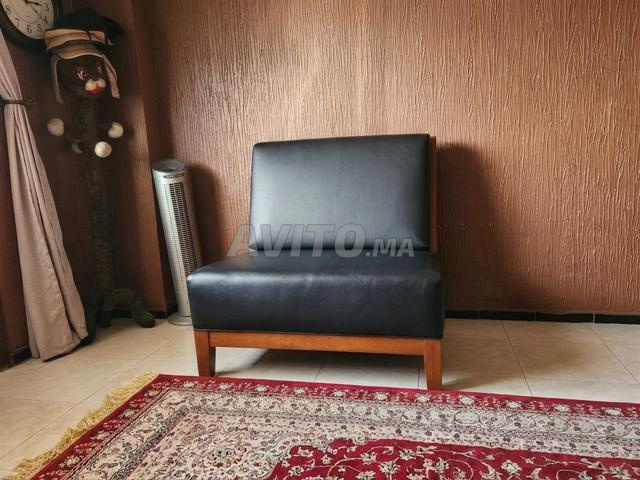 Banc plus fauteuil en cuir noir, bois massif - 2
