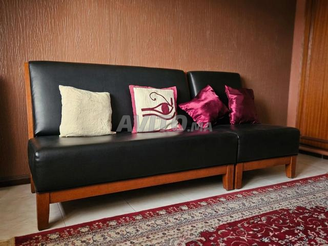 Banc plus fauteuil en cuir noir, bois massif