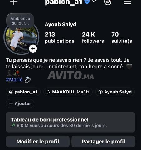 Compte Instagram à vendre 24 100 abonnés, sur les 30 derniers jours