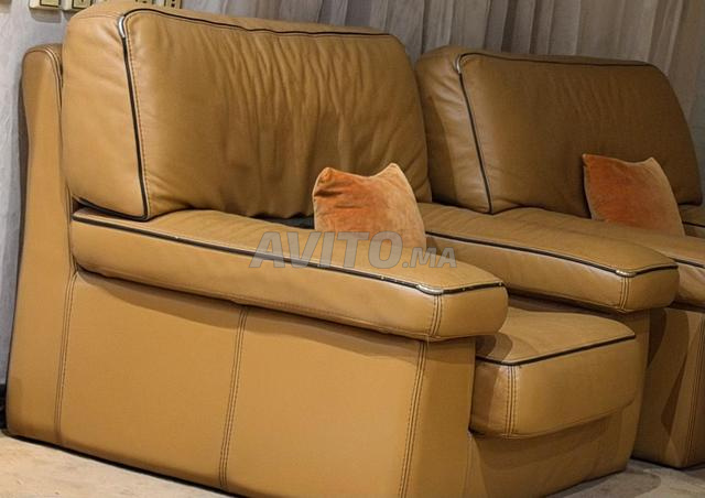 Beau salon en cuir véritable couleur camel miel - 2