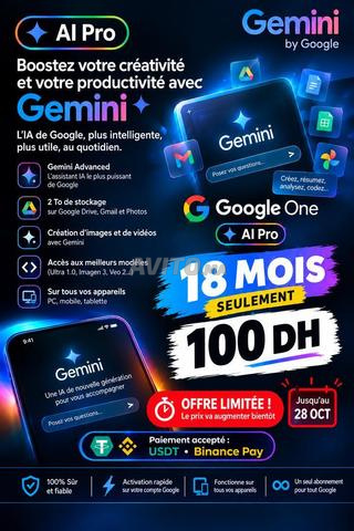 Gemini AI Pro 18 mois – 100 DH, USDT & Binance Pay