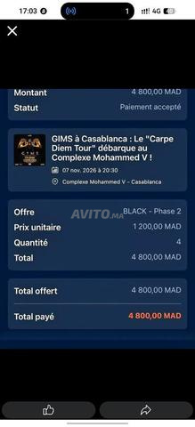 4 billets pour le concert de Maître Gims à Casa