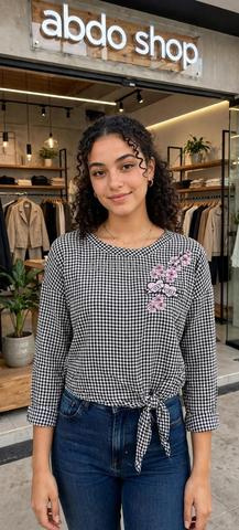 قميجة H&M أصلية كاروهات كحلي وأبيض بالورد مقاس 10-11