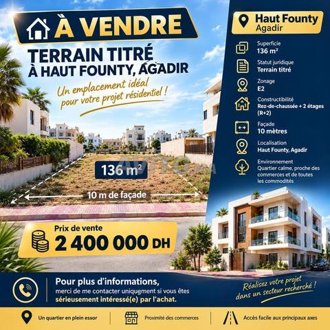 À VENDRE TERRAIN E2 TITRÉ À HAUT FOUNTY AGADIR