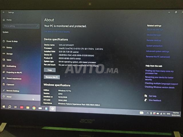 حاسوب محمول Acer / 8GB رام / SSD 256GB / ويندوز 10