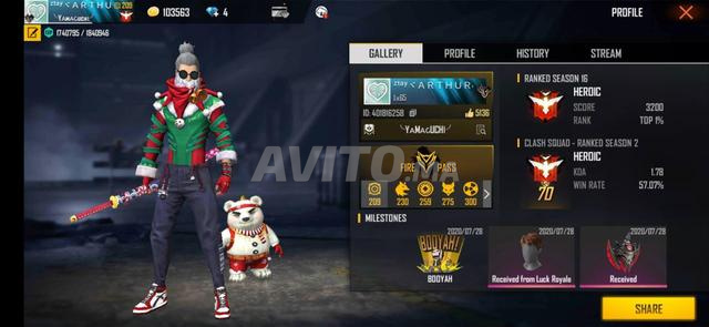 Compte Free Fire FF niveau 8... 900 skins - 2