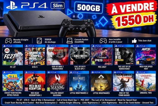 PS4 slim flashée 500 Go 14 jeux Manette d'origine
